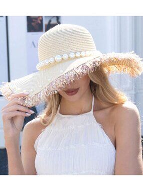Tigerstars Beige Pearly Trim Band Frayed Edge Wide Brim Straw Sun Hat